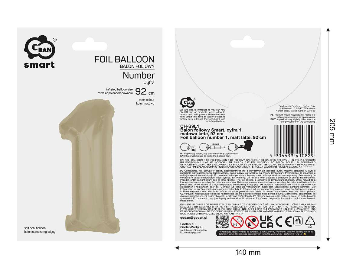 Foil balloon number 1, matt latte, 92 cm EOL
